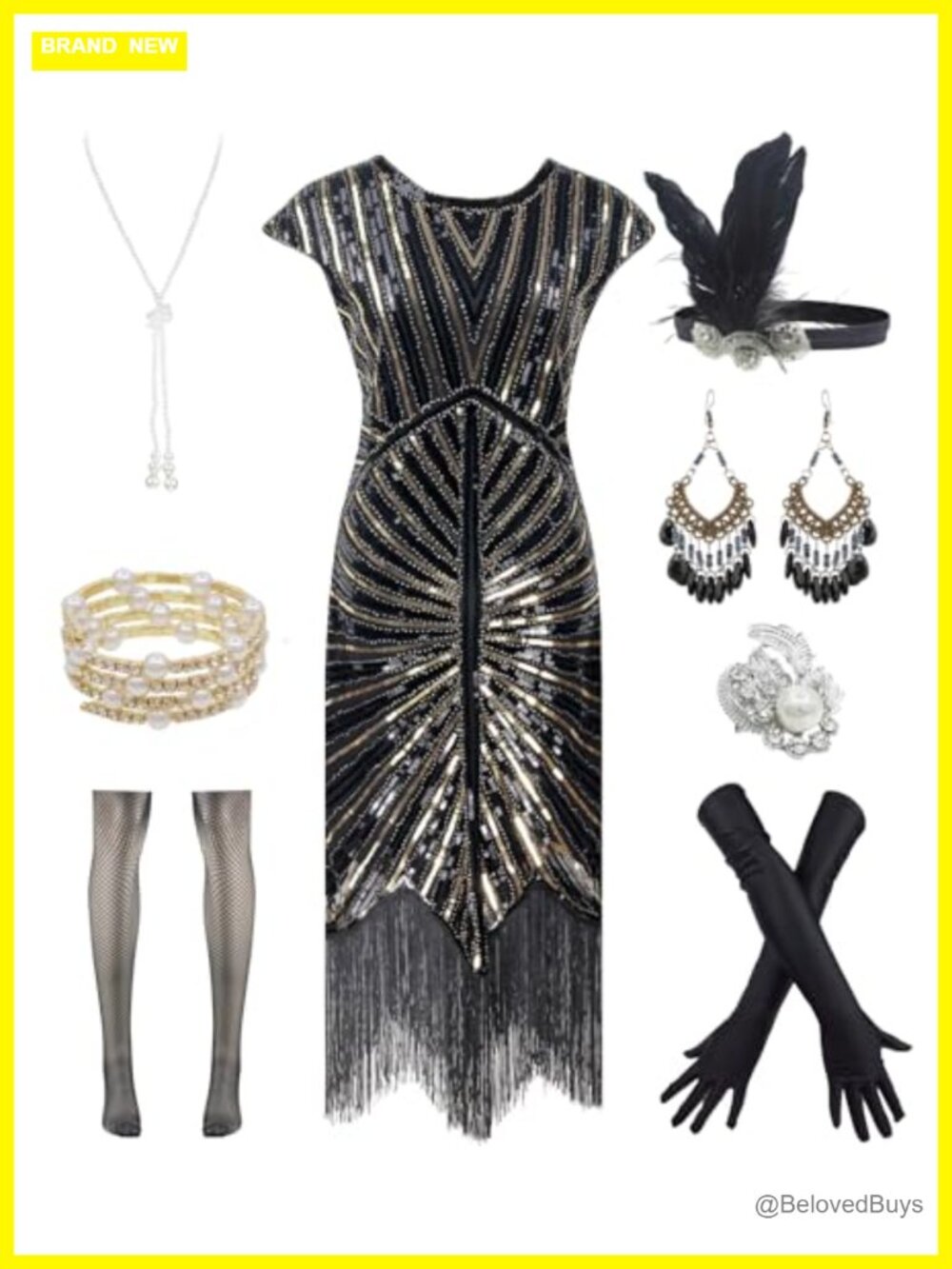 Vintage Flapper Fringe Beaded Gatsby Dress with 20s Accessories Set